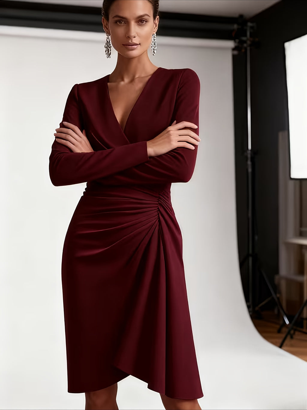 Pleated Waist V-Neck Slim Dress Women Long Sleeve Solid Color Waist-Cinching Elegant Work Party Daily Spring Fall Dress S-XXL
