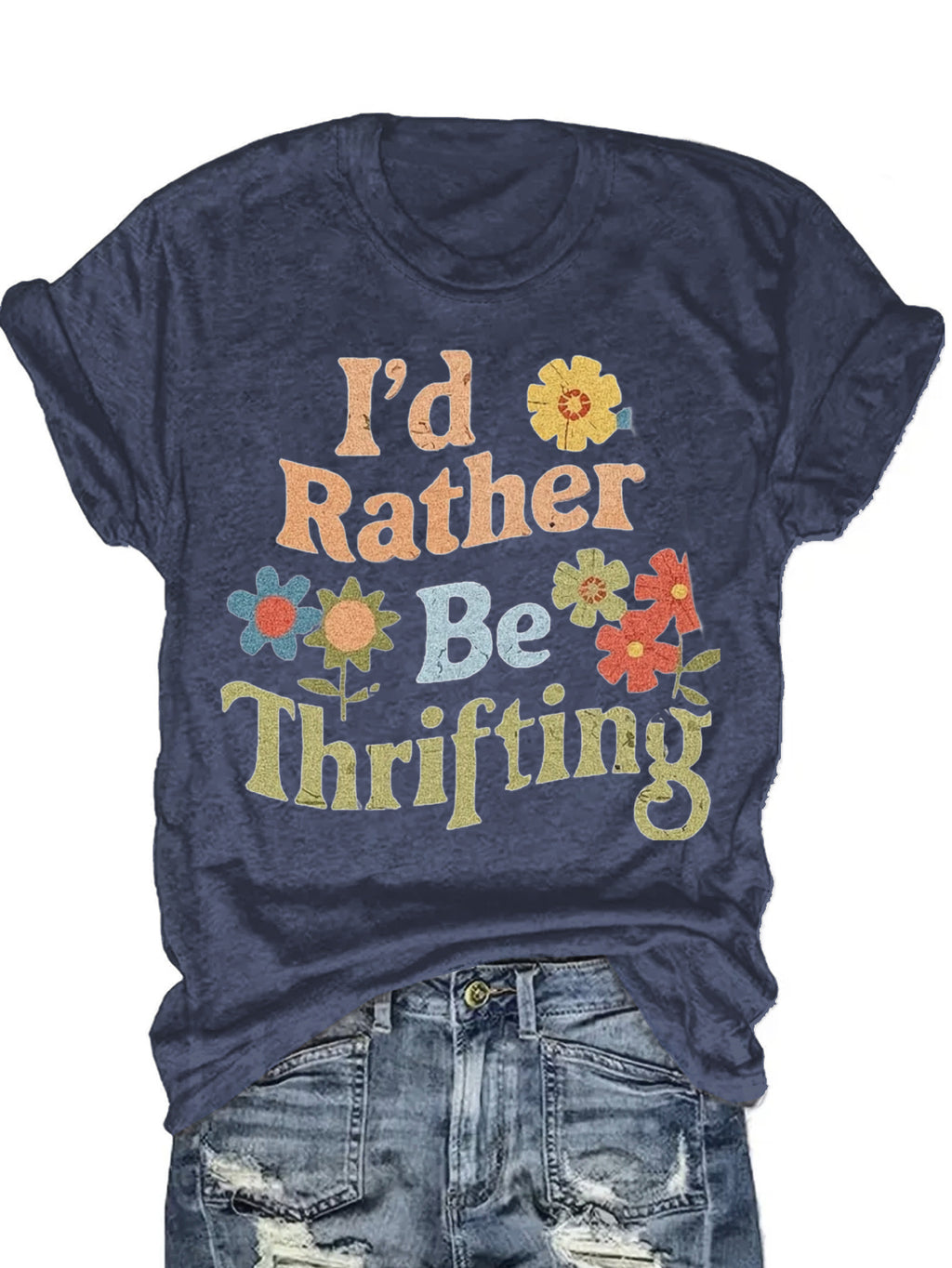 Women's 'I'd Rather Be Thrifting' Graphic Tee Vintage Crew Neck Short Sleeve Casual T-Shirt Navy Red S-XXL