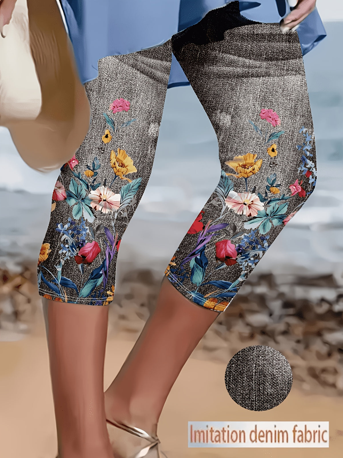 Faux Denim Print Capri Leggings for Women – Imitation Denim Floral Pattern 3/4 Length, Mid-Stretch Knit, Elegant Party Vacation Commute, 5 Colors S-XXL