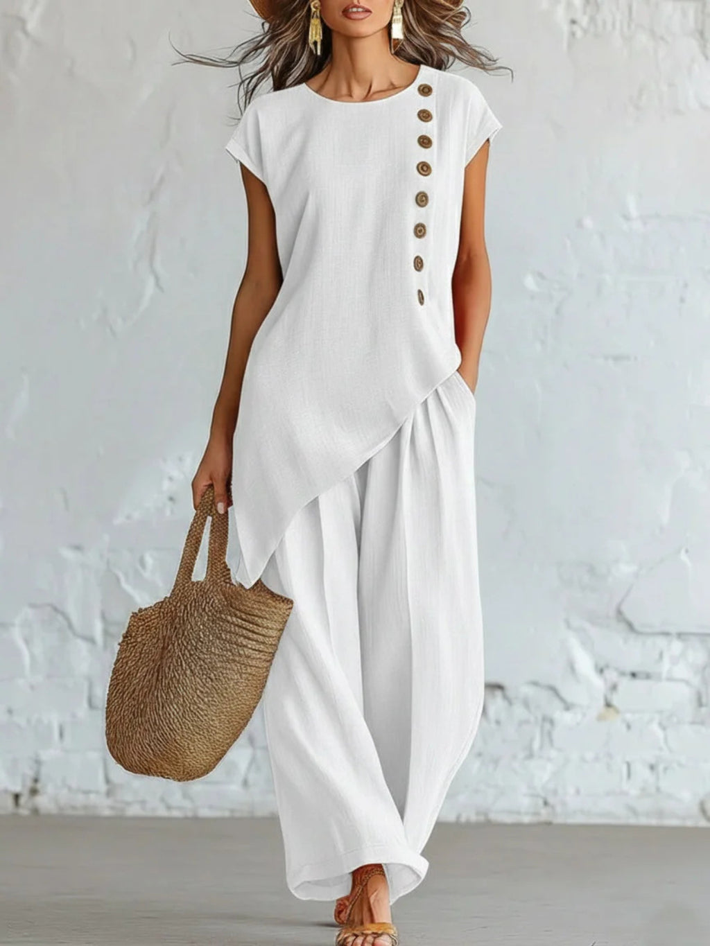 Asymmetrical Hem Button Top & Wide Leg Pants 2 Piece Set Women Long Sleeve Solid Color Daily Vacation Outfit Spring Fall 100% Polyester Smooth