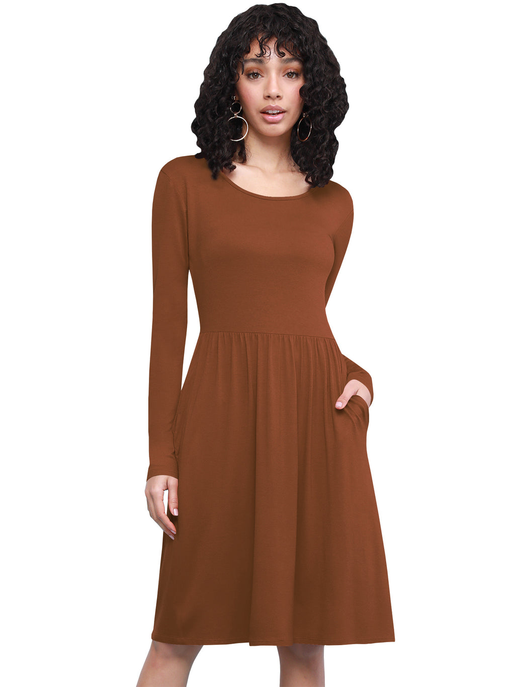 Long Sleeve Flowy Dress with Pockets Women Casual Soft Breathable Relaxed Fit Everyday Dress 18 Colors S-XXL