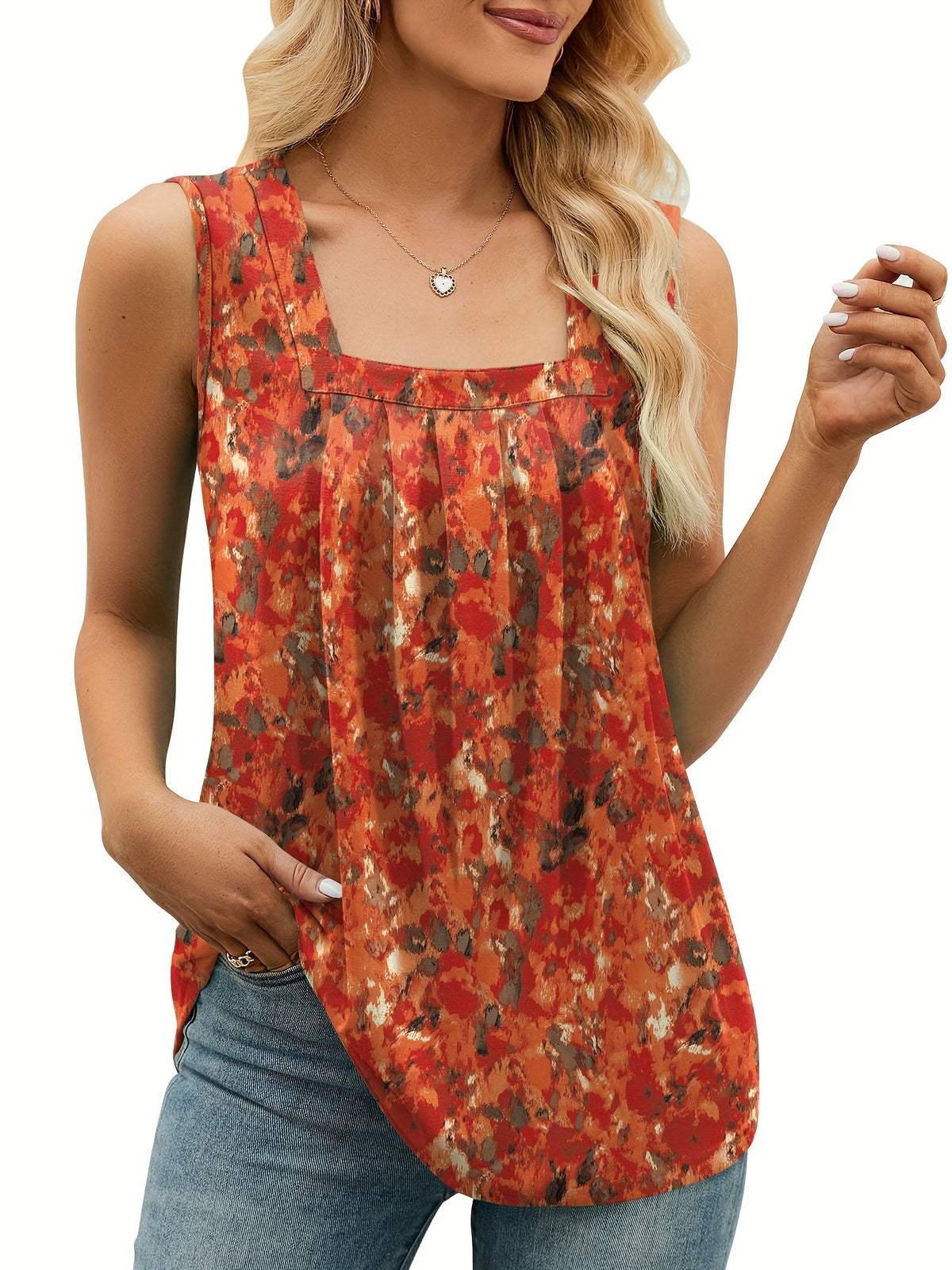 Floral Print Square Neck Tank Top for Women Sleeveless Loose Tunic Blouse with Chest Pleats Lightweight Casual Chic Spring Summer Fall Machine Washable S-2XL