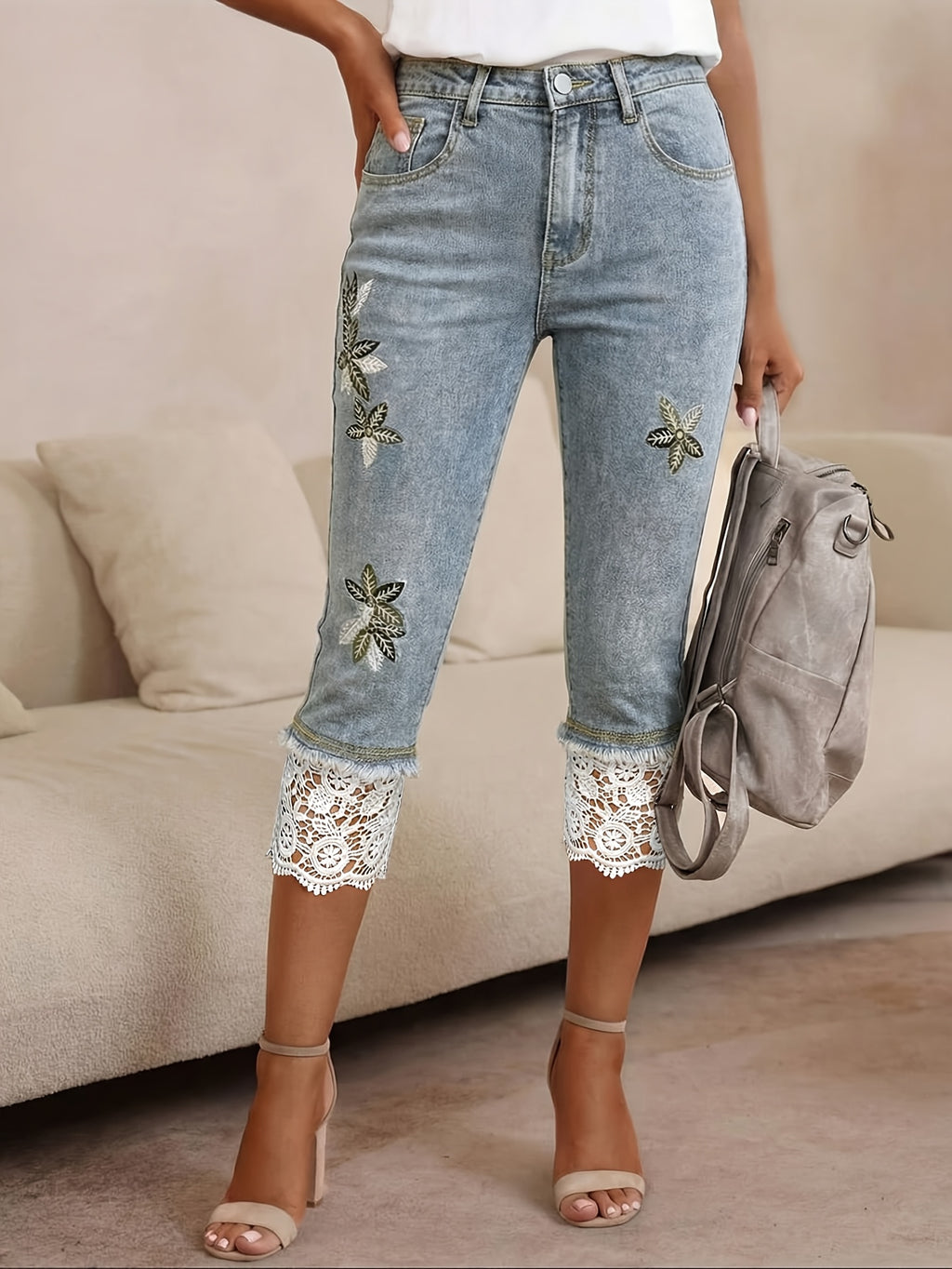 High Waist Embroidered Lace Trim Denim Capri Pants Women Light Blue Slim Fit Retro Sweet Casual Commute Date Spring Summer
