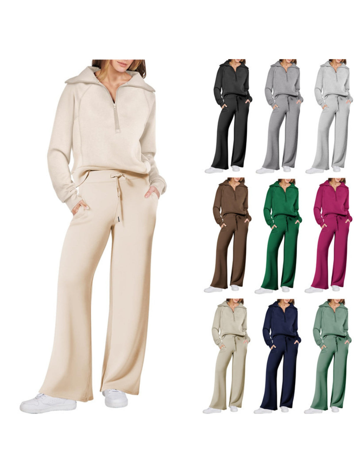 Zipper Sweatshirt Wide-Leg Pants 2 Piece Set Women Casual Tracksuit Outfit for Spring Fall - Loose Fit Jogger Co-ord Set