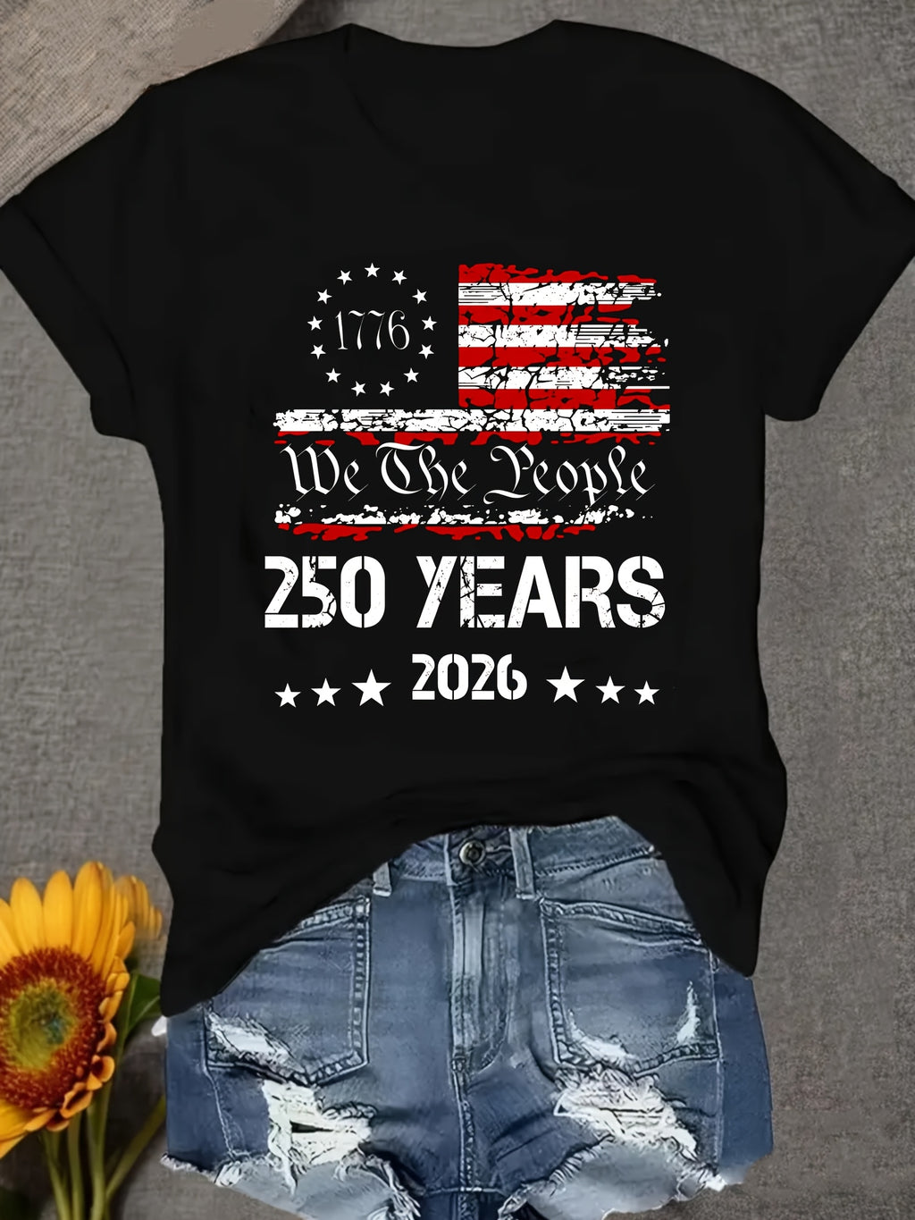 250 Years 2026 We The People Women's T-Shirt - Patriotic Flag Print Crew Neck Short Sleeve Pullover, Soft Comfortable Regular Fit Tee for USA Anniversary Celebrations
