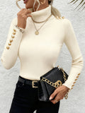 White Fitted Turtleneck Top Metallic Button Shoulder Detail Women | Chic Double-Row Button Elegant Blouse for Fall Winter Daily Wear Office & Refined Style