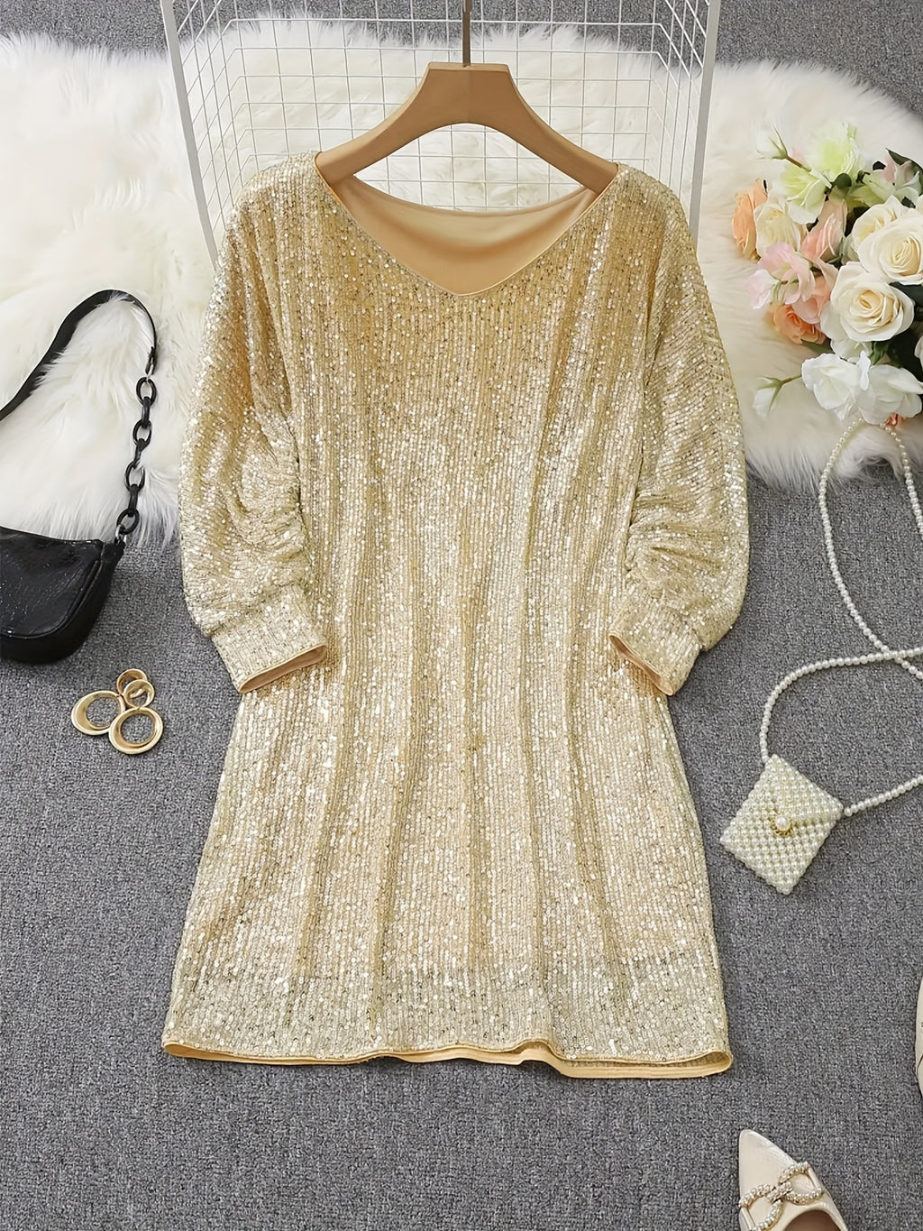 Sequin Bodycon Dress for Women V-Neck Long Sleeve Shimmering Contrast Party Evening Midi All Season Sexy Dress