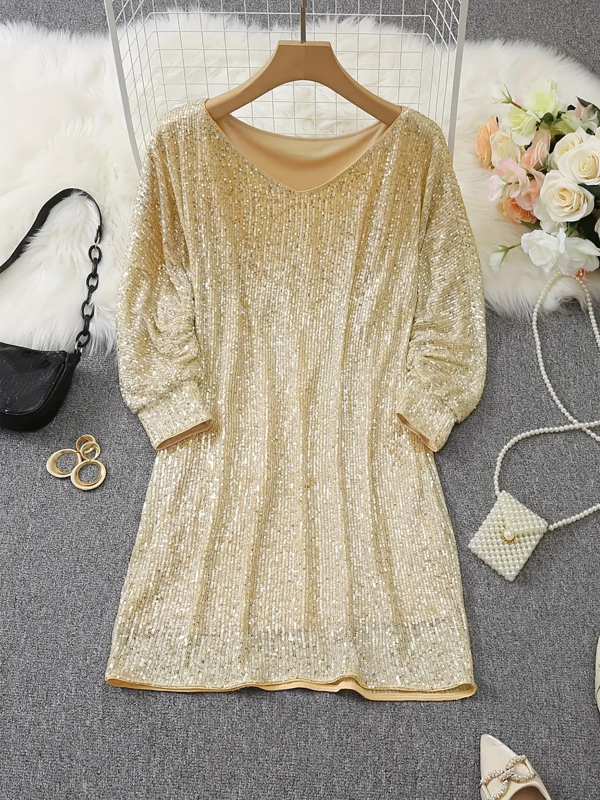 Sequin Bodycon Dress for Women V-Neck Long Sleeve Shimmering Contrast Party Evening Midi All Season Sexy Dress