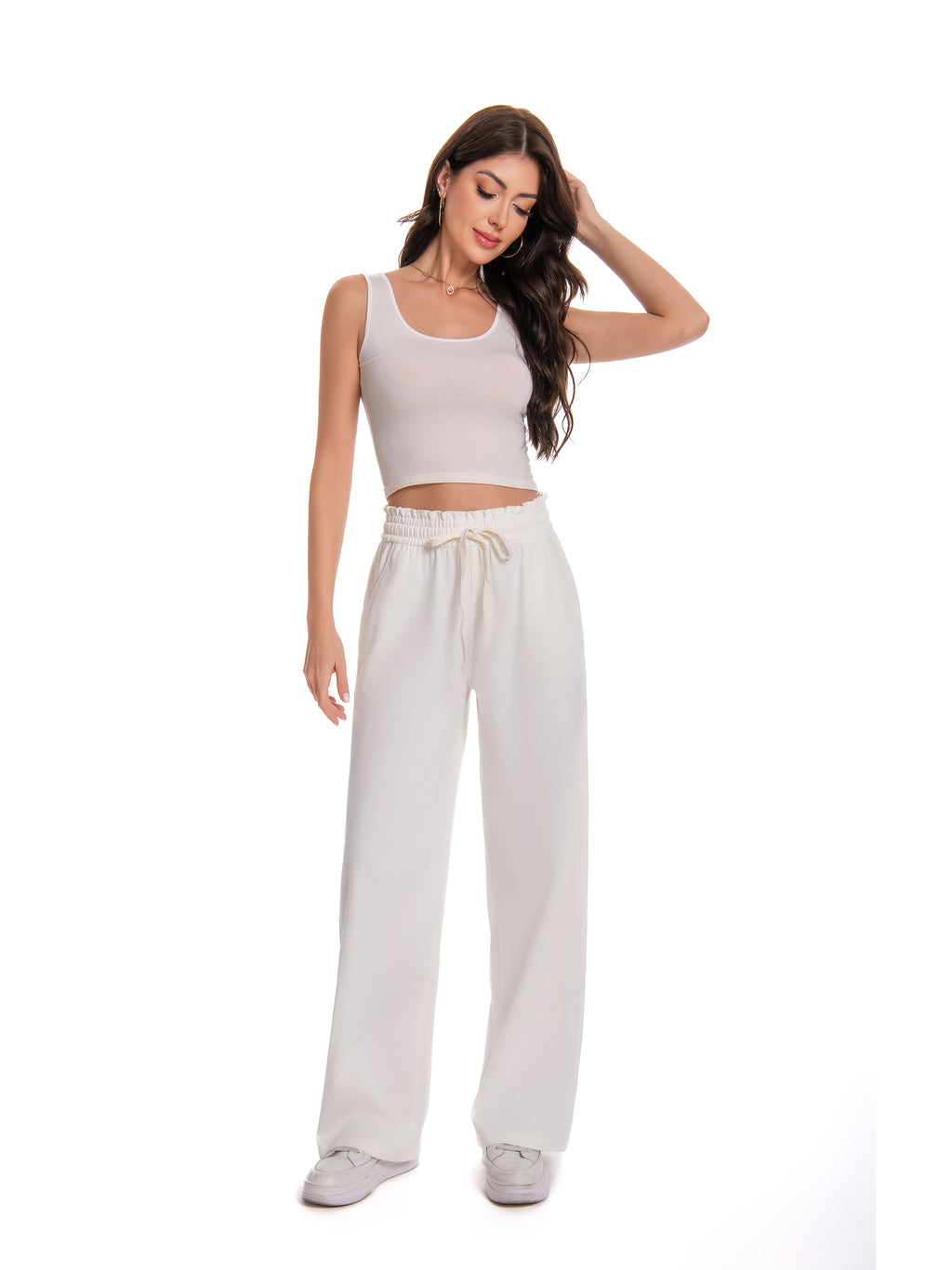 Women Denim Elastic Waist Wide Leg Pull-On Pants with Pockets Stretchy Casual Jean Pants Blue White S-XL