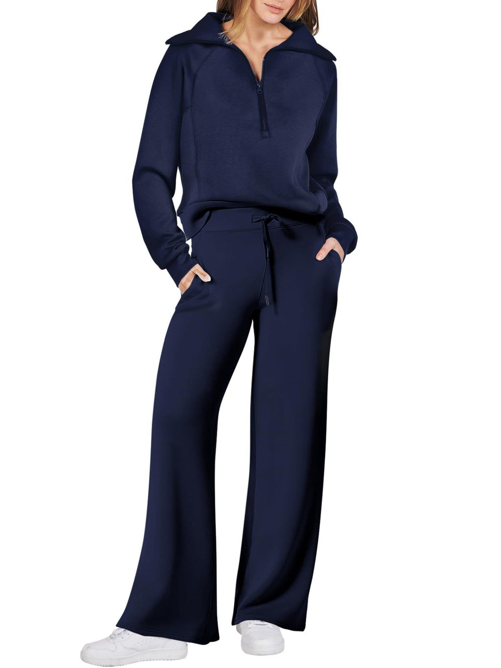 Zipper Sweatshirt Wide-Leg Pants 2 Piece Set Women Casual Tracksuit Outfit for Spring Fall - Loose Fit Jogger Co-ord Set