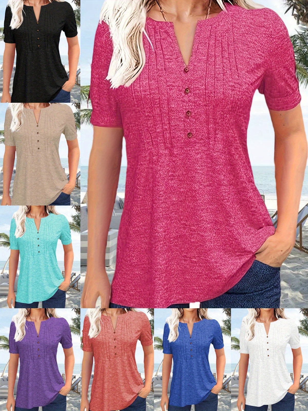 V-Neck Pleated Blouse Women Short Sleeve Button-Up Solid Color Summer Casual Flowy Top S-XL
