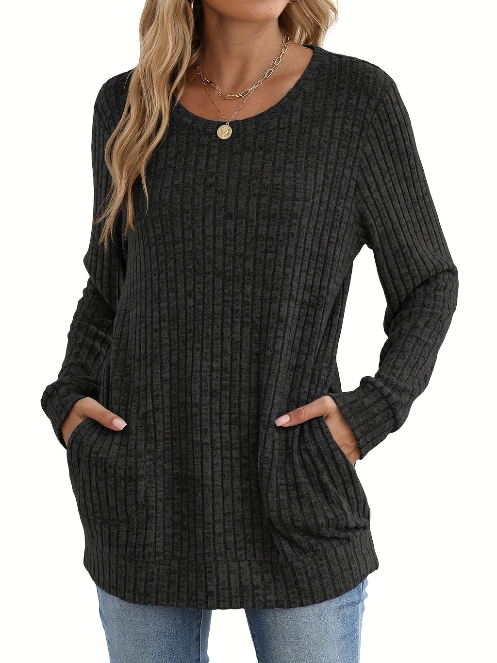 Oversized Sweater Dress Women Beige Long Sleeve Round Neck Tunic Pockets Cozy Casual All Season Machine Washable S-XXL