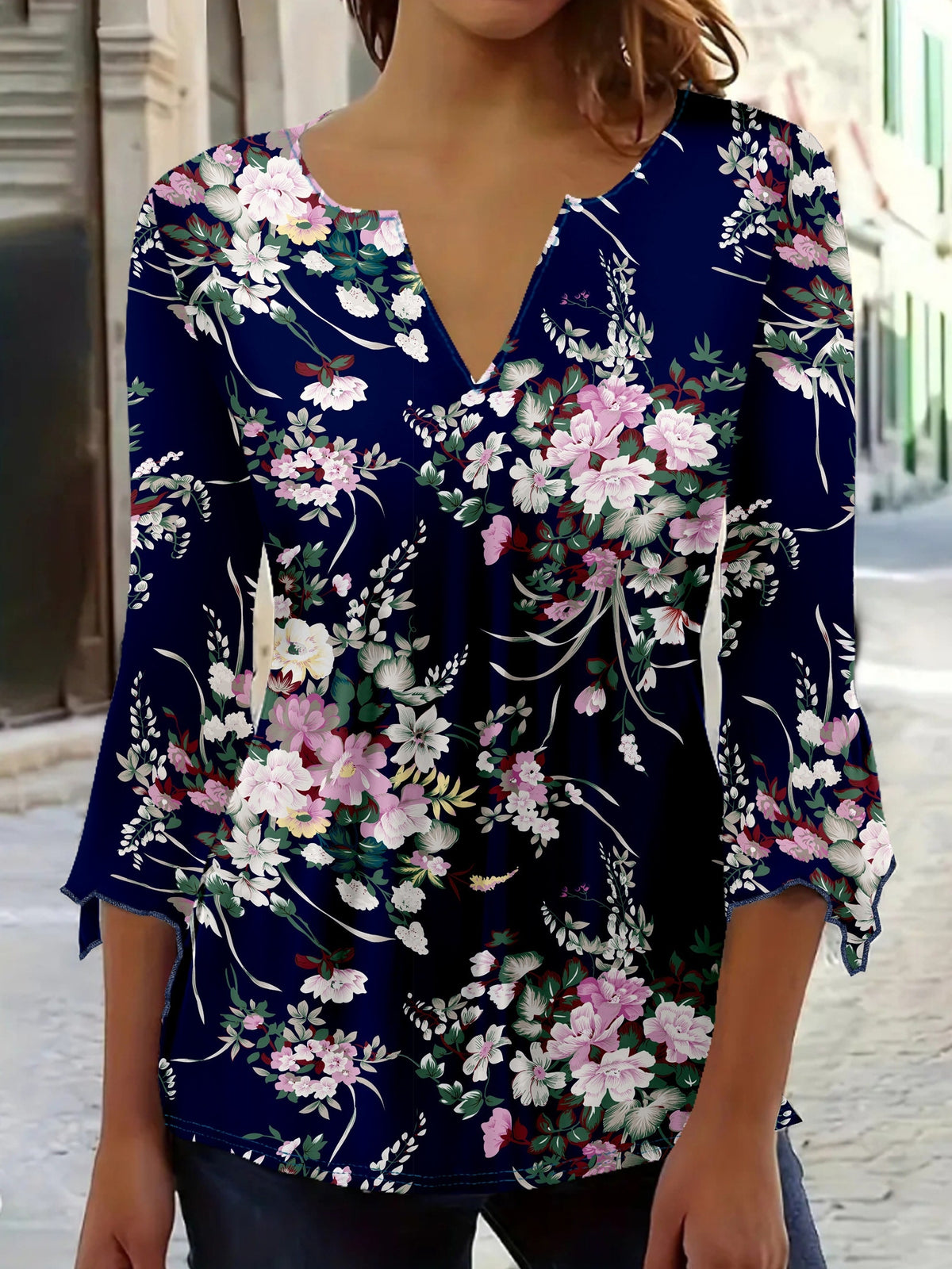 Floral Print V-Neck Top Women 3/4 Sleeve Elegant Notched Blouse Casual Spring Summer Shirt Feminine S-XXL