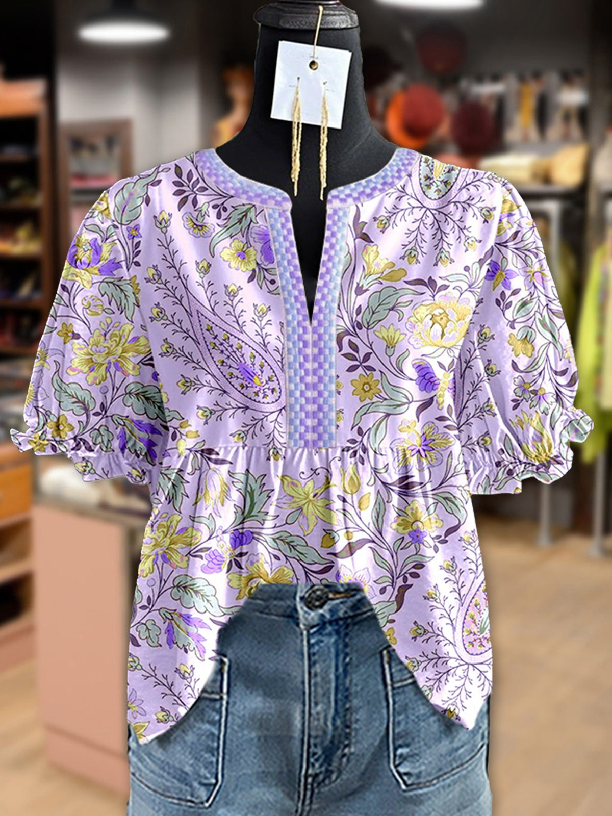 Boho Peplum Blouse Women Floral Paisley Print Babydoll Top Notch Neck Puff Sleeve Casual Summer Bohemian Top S M L XL XXL