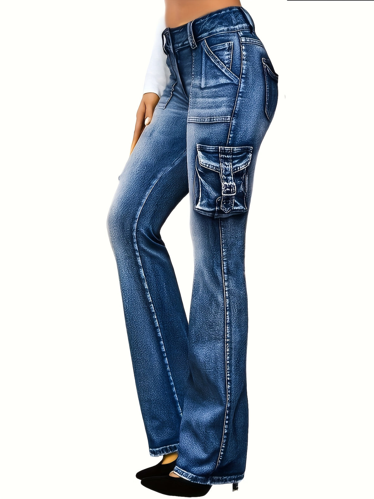 Low Waist Slim Jeans Women Retro Elastic Denim Pants 7 Pockets Flip Cover Casual Fashion Medium Blue S-XXL