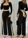 Sequin Bowknot Wide-Leg Jumpsuit Women Square Neck Long Sleeve Cinched Waist Contrast Panel Party Holiday Winter