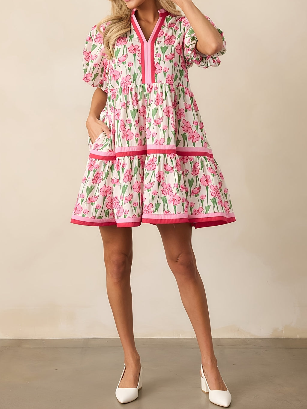 Puff Sleeve Floral Mini Dress Women Boho V-Neck Loose Flared Hem Lightweight Beach Vacation Dress Summer S-XXL