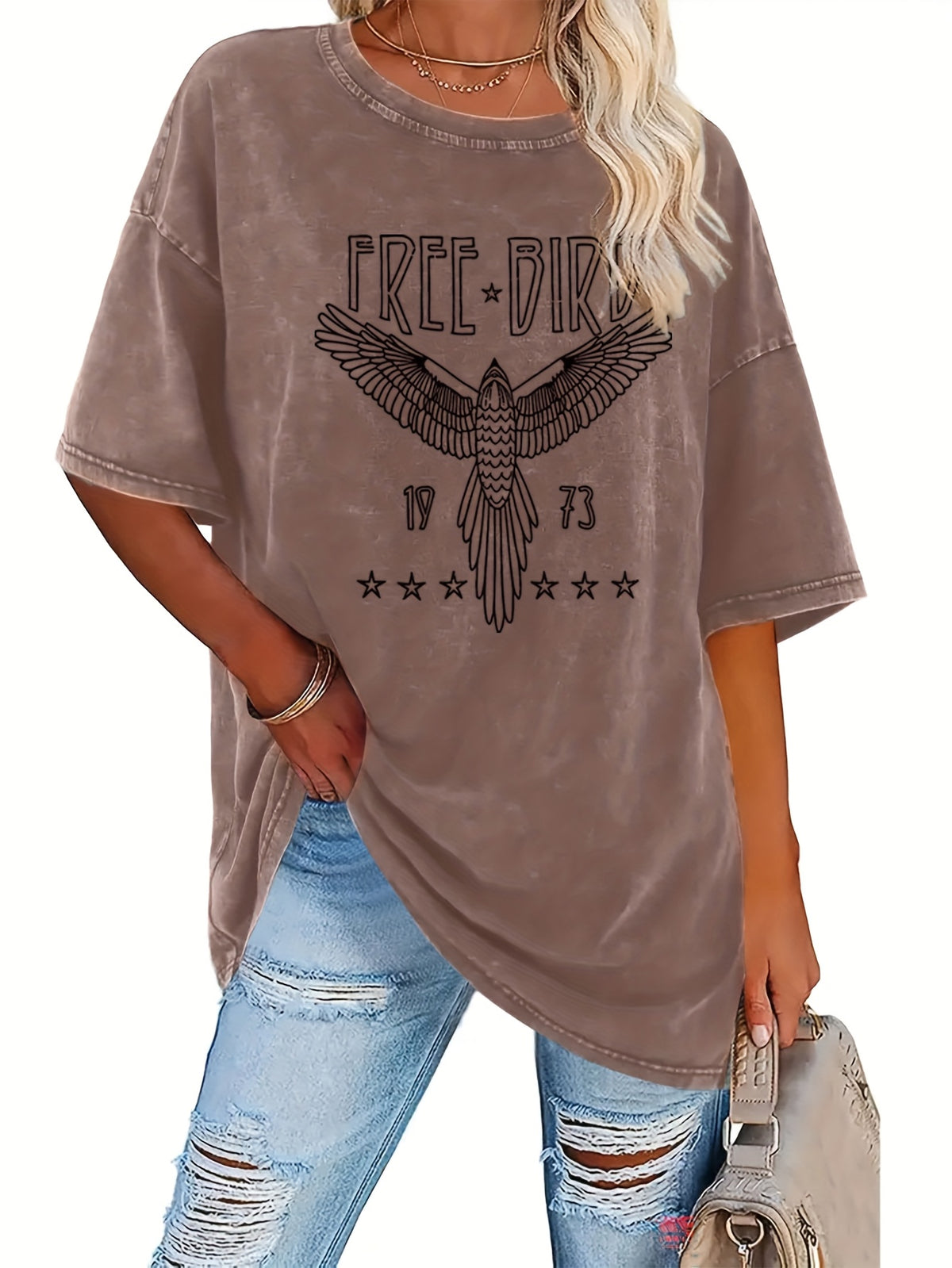 Women's Free Bird Graphic T-Shirt Washed Retro Round Neck Short Sleeve Thick 230g Street Style Casual Tee
