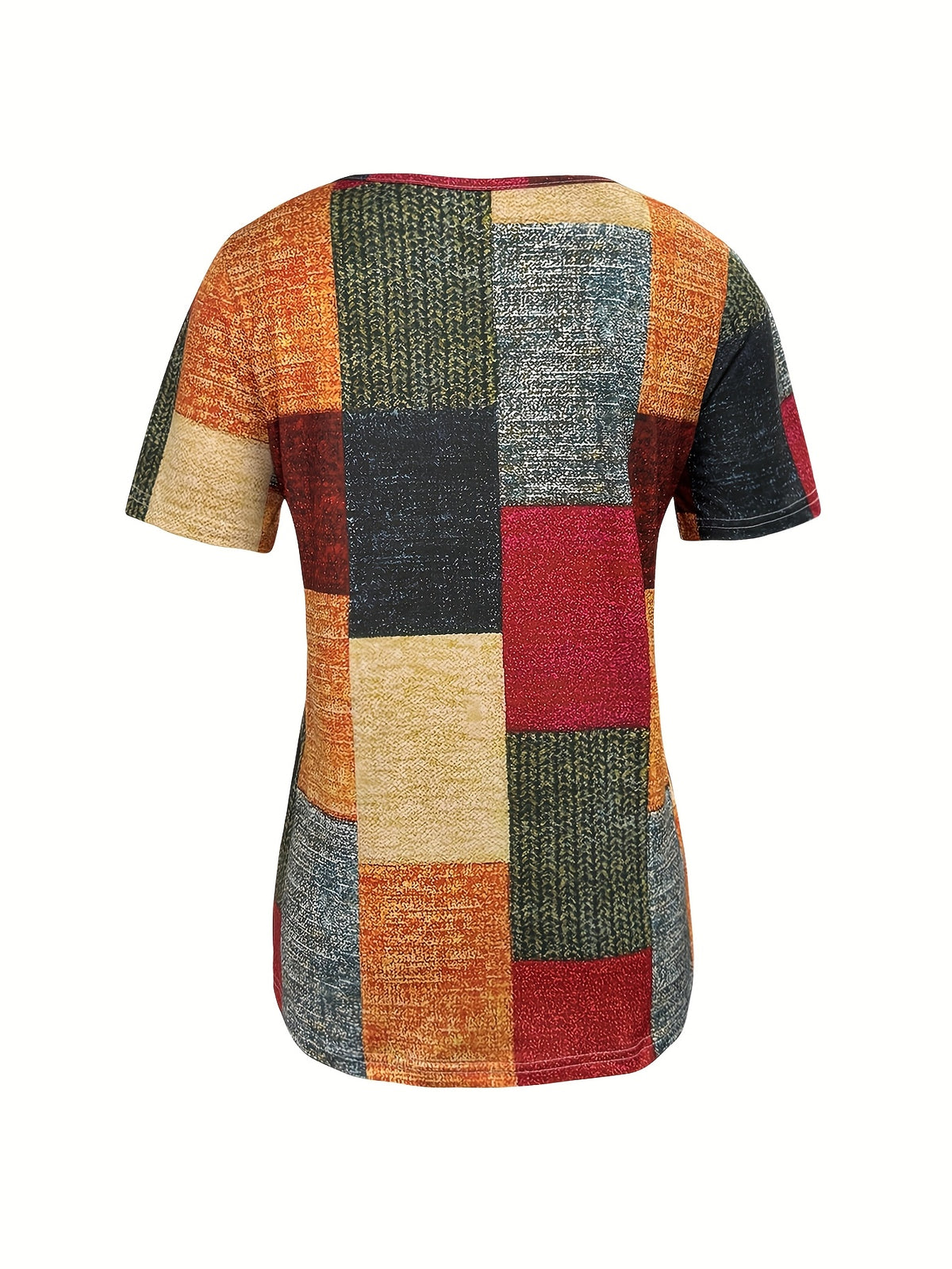 Plaid Print V-Neck T-Shirt Women Short Sleeve 180g Knit Micro Stretch Machine Washable Casual Spring Summer Tee Fashion Top S-XXL