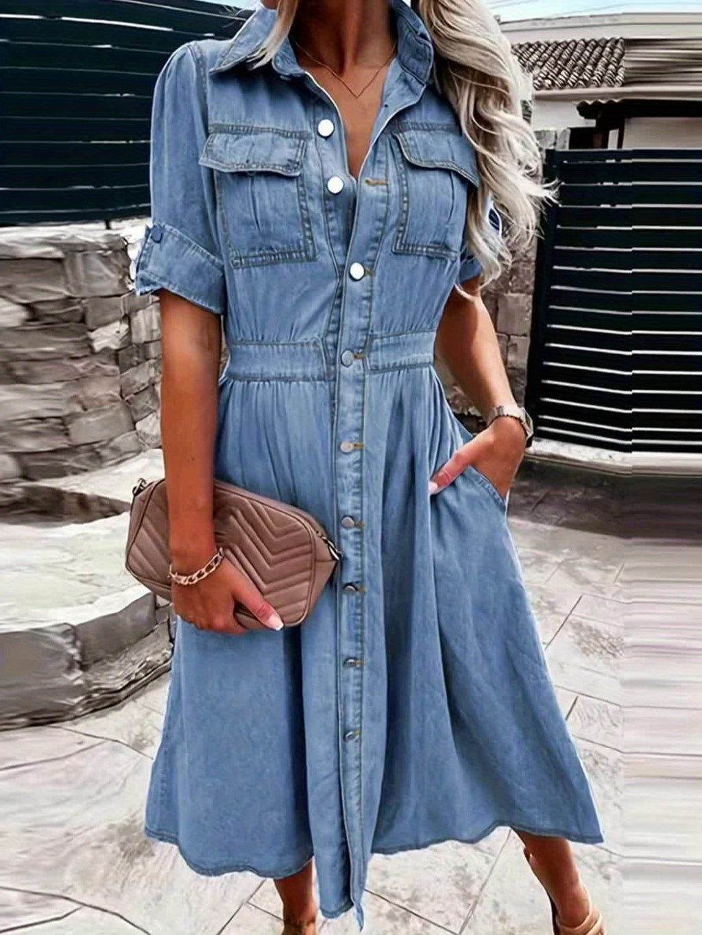 Women's A-Line Denim Jean Dress V-Neck Button Front with Pockets Casual Waist Fitted Shirt Dress Blue Dark Blue Medium Blue S-XXL