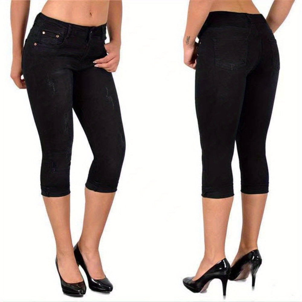 Stretch Skinny Capri Jeans Women Elastic Waist Cropped Denim Pants Street Style Summer Black Light Blue Dark Blue S M L XL XXL