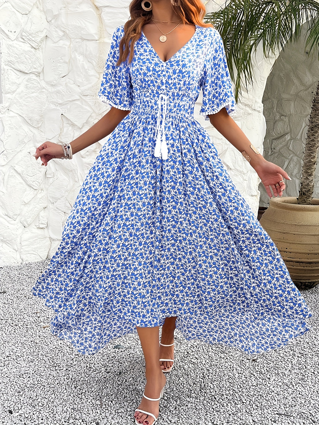 Floral Print V-Neck Tassel Dress Women Elegant Viscose Boho Midi Dress for Party Vacation S-XXL