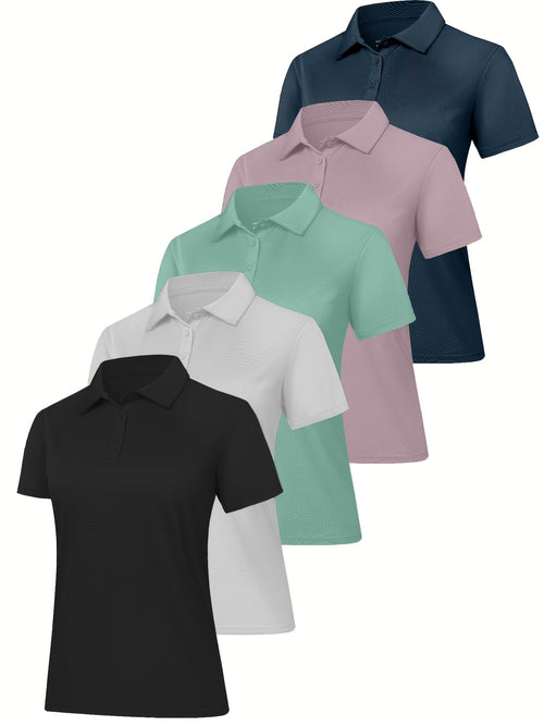 5 Pack Women's Polo Shirts Short Sleeve 3-Button Collared Moisture-Wicking Uniform Tops Work Casual Spring Summer Fall 100% Polyester