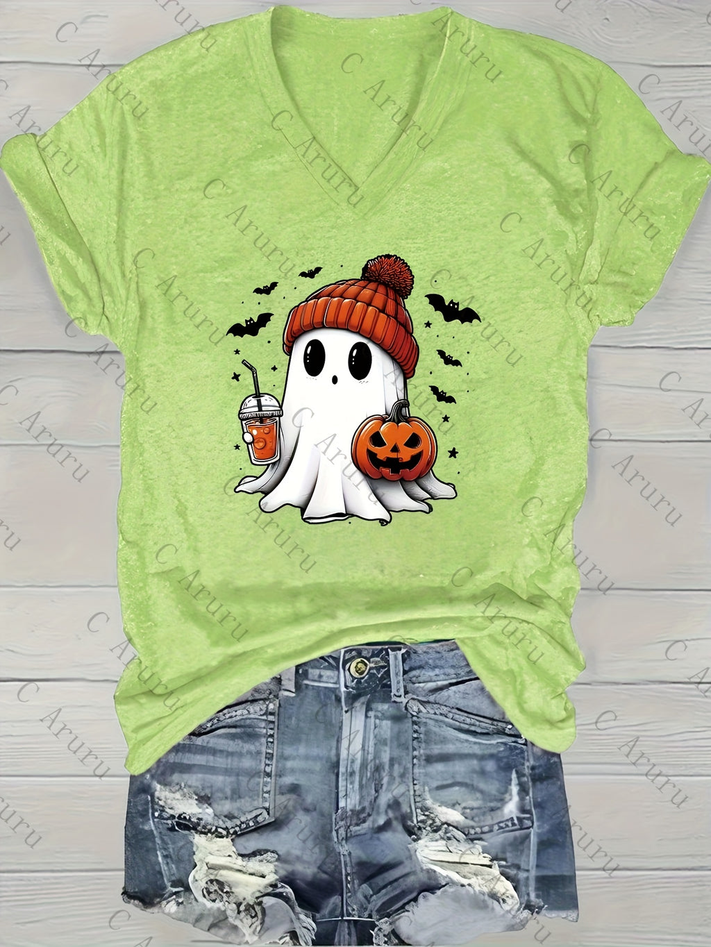 Ghost Print V-Neck T-Shirt Women Casual Short Sleeve Graphic Tee Fun Holiday Gift Spring Summer Top S-XXL