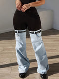 Women's Y2K High Waist Two-Tone Patchwork Flare Pants Denim Bell Bottom Leggings Detachable Buckle Strap Streetwear