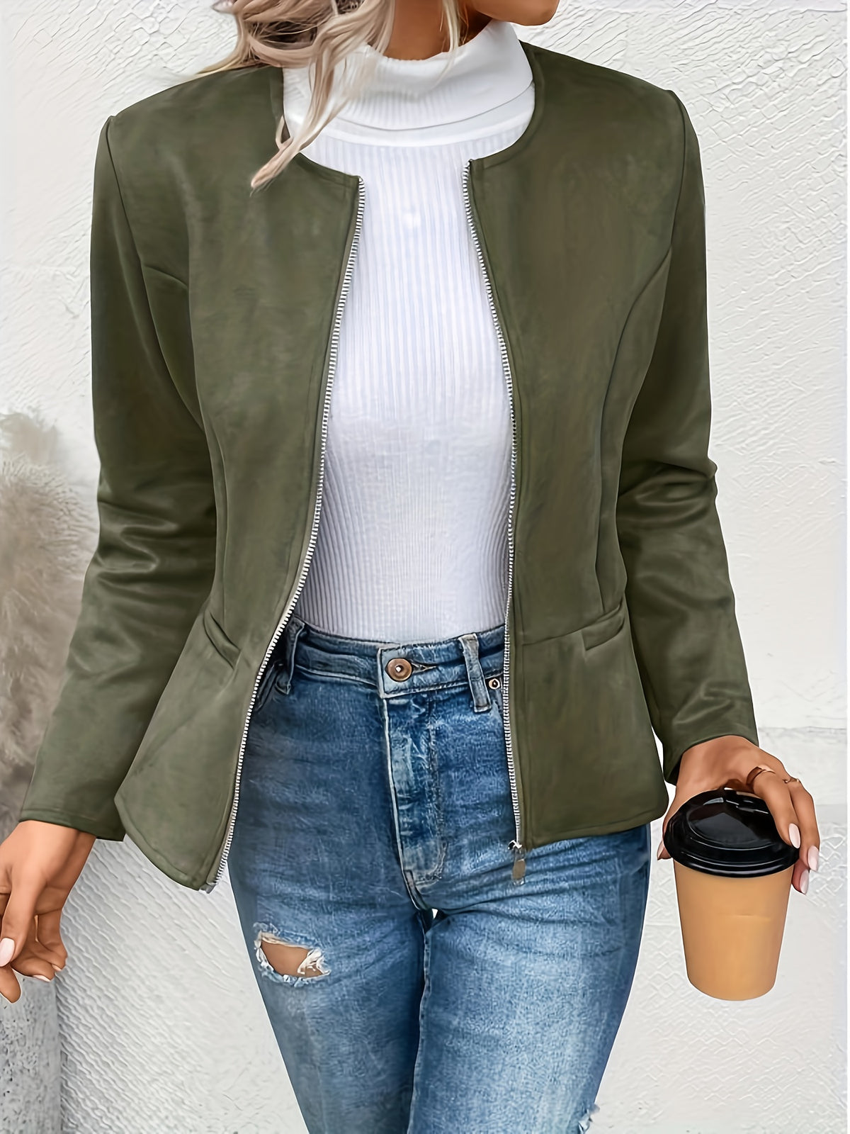 Slim Fit Zip Up Jacket for Women Round Neck Long Sleeve Casual Coat Solid Color All Season Versatile