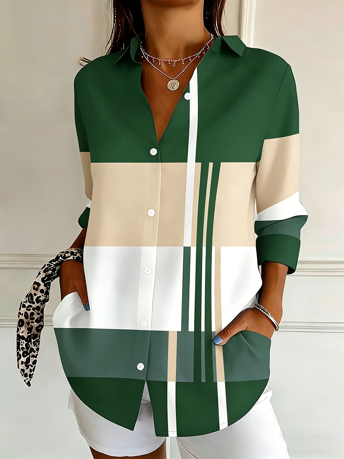 Color Block Button Blouse Long Sleeve Office Work Shirt Women Lightweight Striped Elegant Top