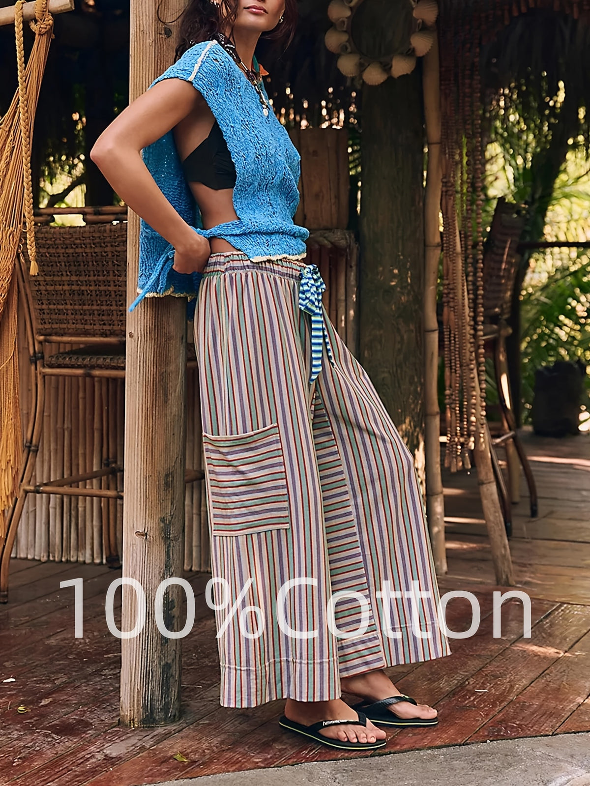 Striped Wide Leg Pants for Women – Horizontal Stripe Elastic Drawstring Waist Side Pockets, Casual Lounge Trousers Machine Washable Spring Summer Warm Weather Airy Comfortable Bottoms S-XXL