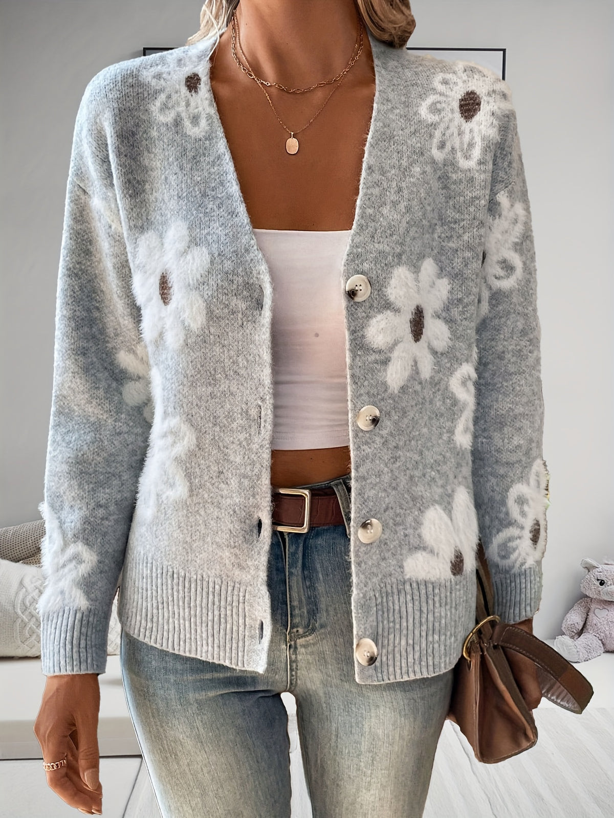 Women Floral Print Button Front Cardigan V Neck Long Sleeve Knitted Sweater Open Front Casual Spring Fall Boho Lightweight Knit Top