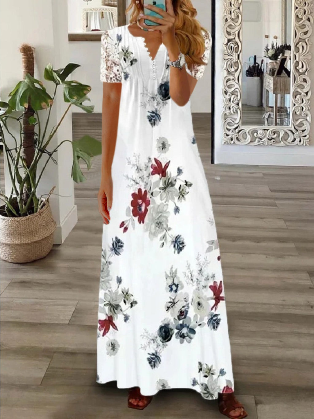 Women's Bohemian White Lace Long Dress V-Neck Long Sleeve High Waist A-Line Flowing Hem Romantic Date Beach Dress