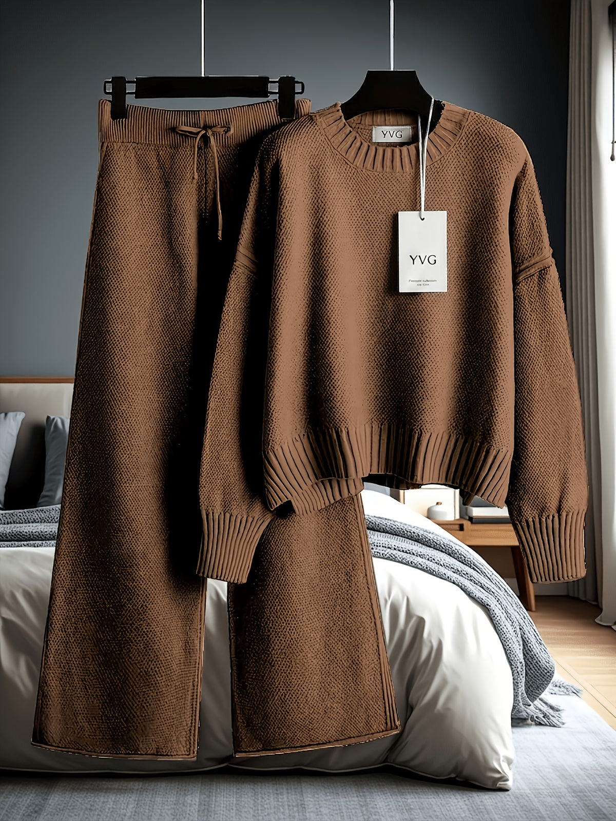 Waffle Texture Two-Piece Set Women Long Sleeve Hoodie High Waist Wide Leg Pants Casual Loose Retro Fall Tracksuit Set S-XXL