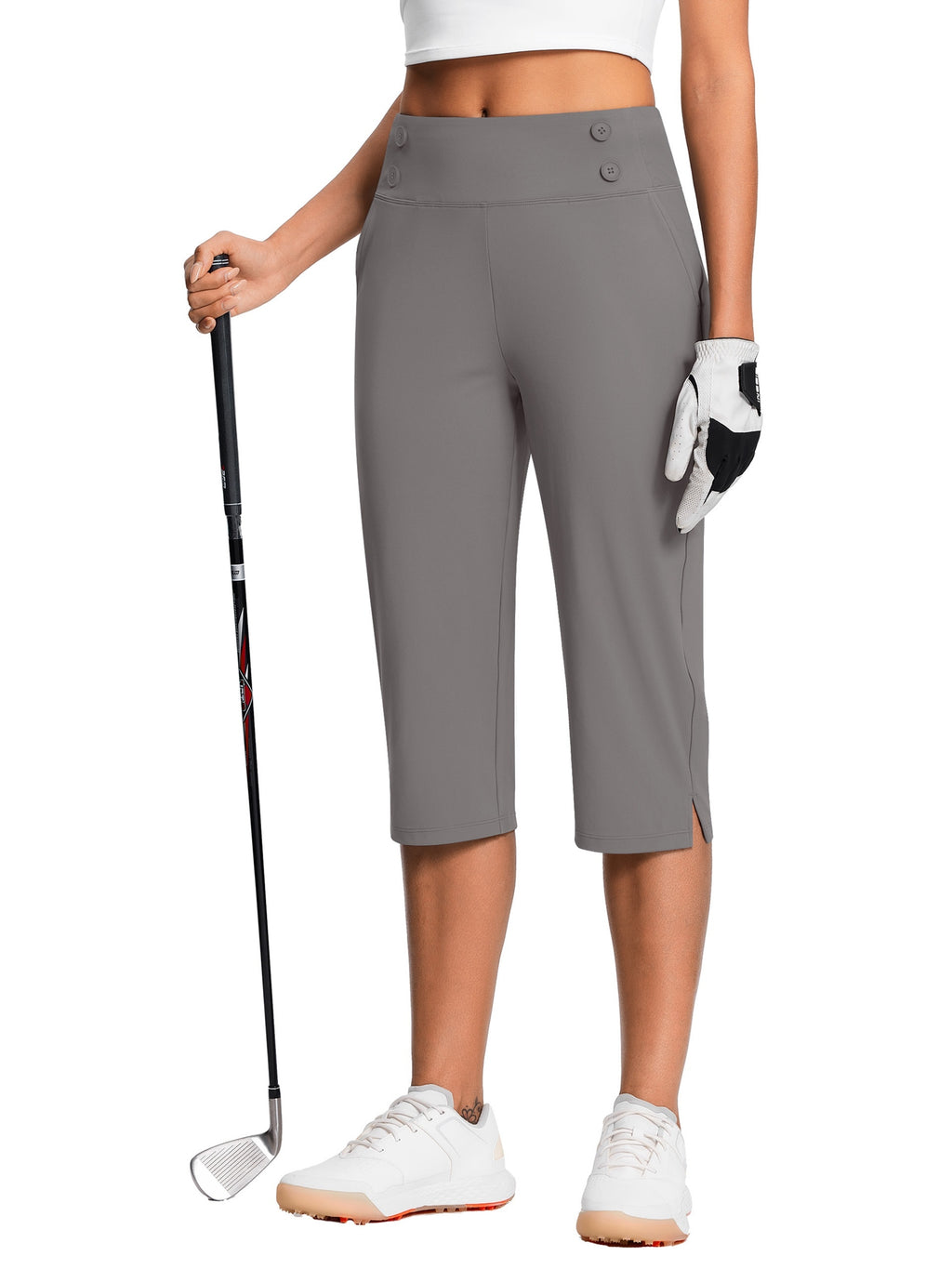 Dressy Stretch Capri Pants for Women High Waist – 18 Inch 82% Polyester 18% Spandex Knit, Elastic Waist Pockets Solid Color Work Casual Summer Spring Fall Comfortable Bottoms S-XXL