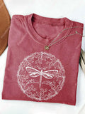 Batik Dragonfly Print Washed T-Shirt Women Retro Geometric Positioning Print Micro-Elastic 230gsm Soft Knit Casual All-Season Spring Summer Fall Holiday Gift S-XXL