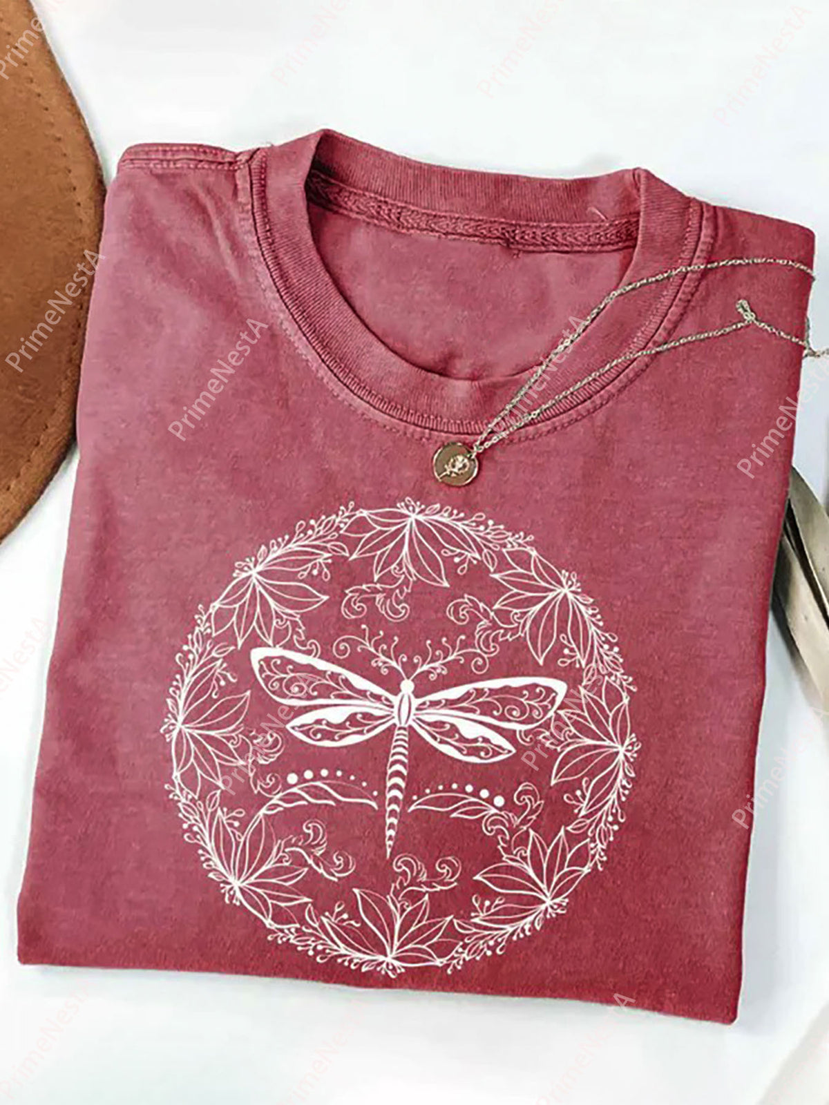 Batik Dragonfly Print Washed T-Shirt Women Retro Geometric Positioning Print Micro-Elastic 230gsm Soft Knit Casual All-Season Spring Summer Fall Holiday Gift S-XXL
