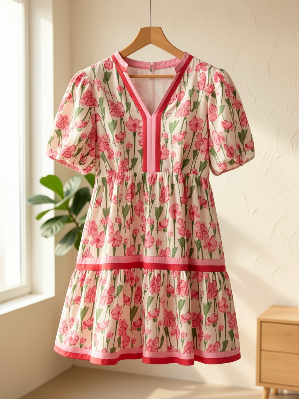 Puff Sleeve Floral Mini Dress Women Boho V-Neck Loose Flared Hem Lightweight Beach Vacation Dress Summer S-XXL