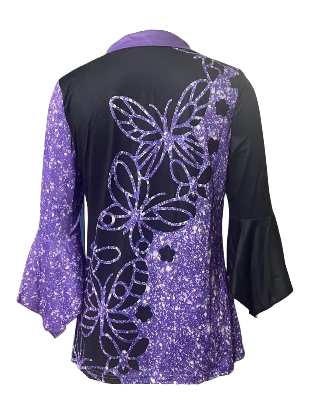 Printed Lapel Button-Up Top Women Three-Quarter Irregular Sleeve Casual Blouse Spring Fall Stretch Knit Polyester S-XXL