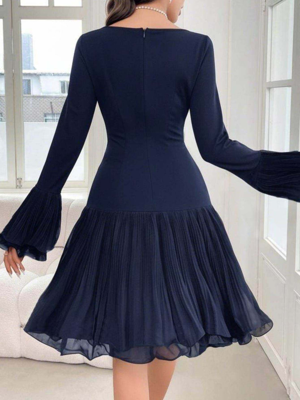 Bardot Neck Ruffle Sleeve Pleated Dress Women Elegant Vintage Party Cocktail Fall Winter Fitted Bodycon Burgundy Black S-L