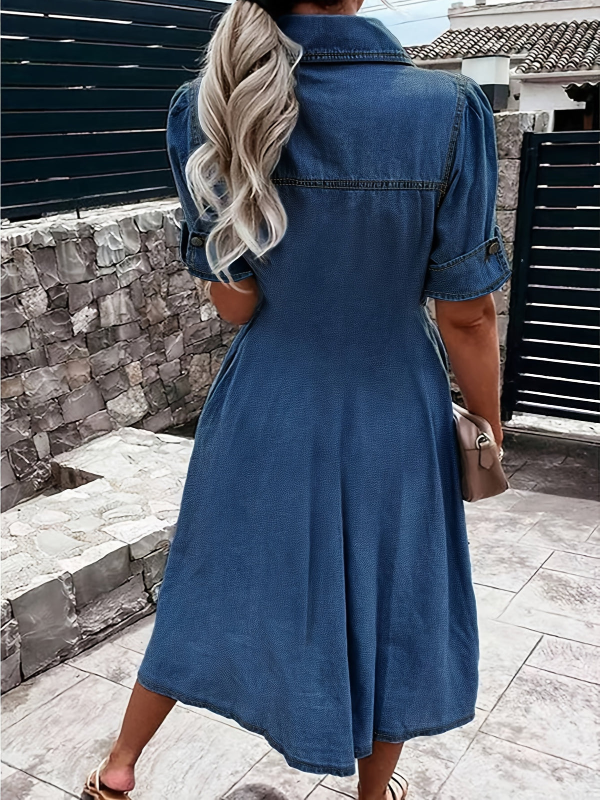 Women's A-Line Denim Jean Dress V-Neck Button Front with Pockets Casual Waist Fitted Shirt Dress Blue Dark Blue Medium Blue S-XXL
