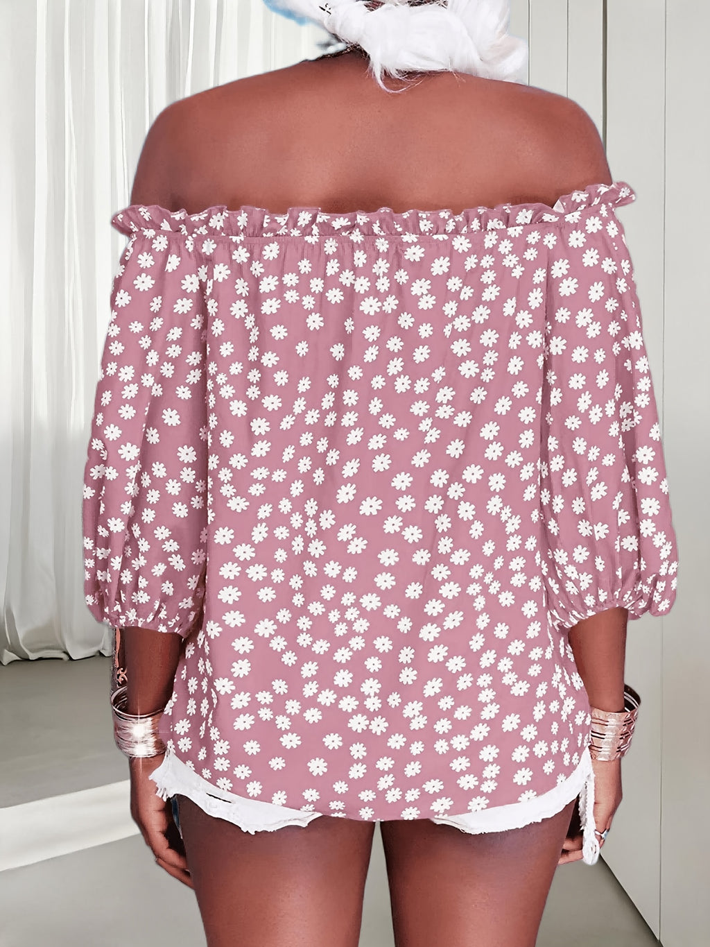 Floral Off Shoulder Chiffon Blouse Women 3/4 Sleeve Casual Summer Top Shirt 10 Colors S-XXL