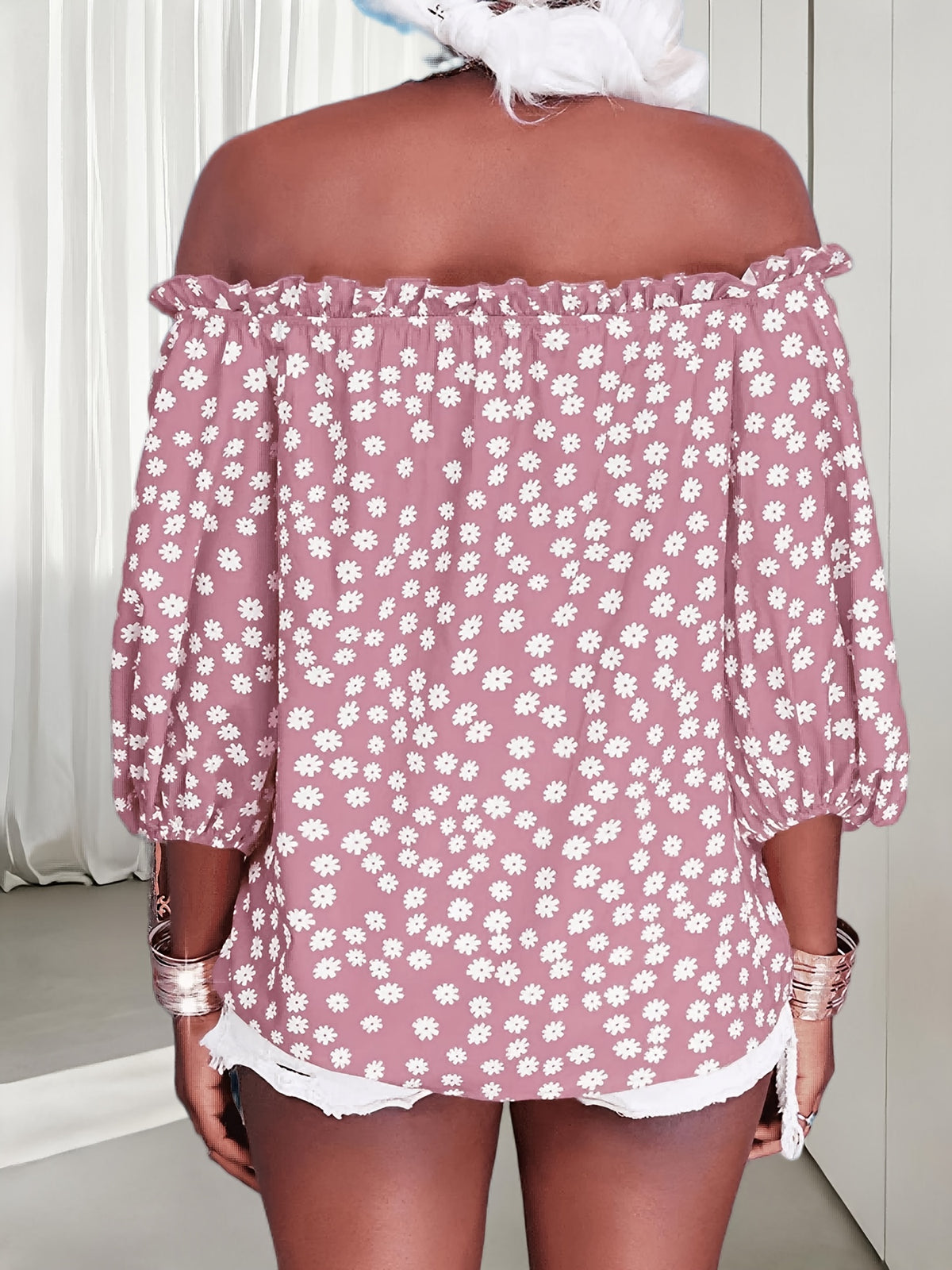 Floral Off Shoulder Chiffon Blouse Women 3/4 Sleeve Casual Summer Top Shirt 10 Colors S-XXL