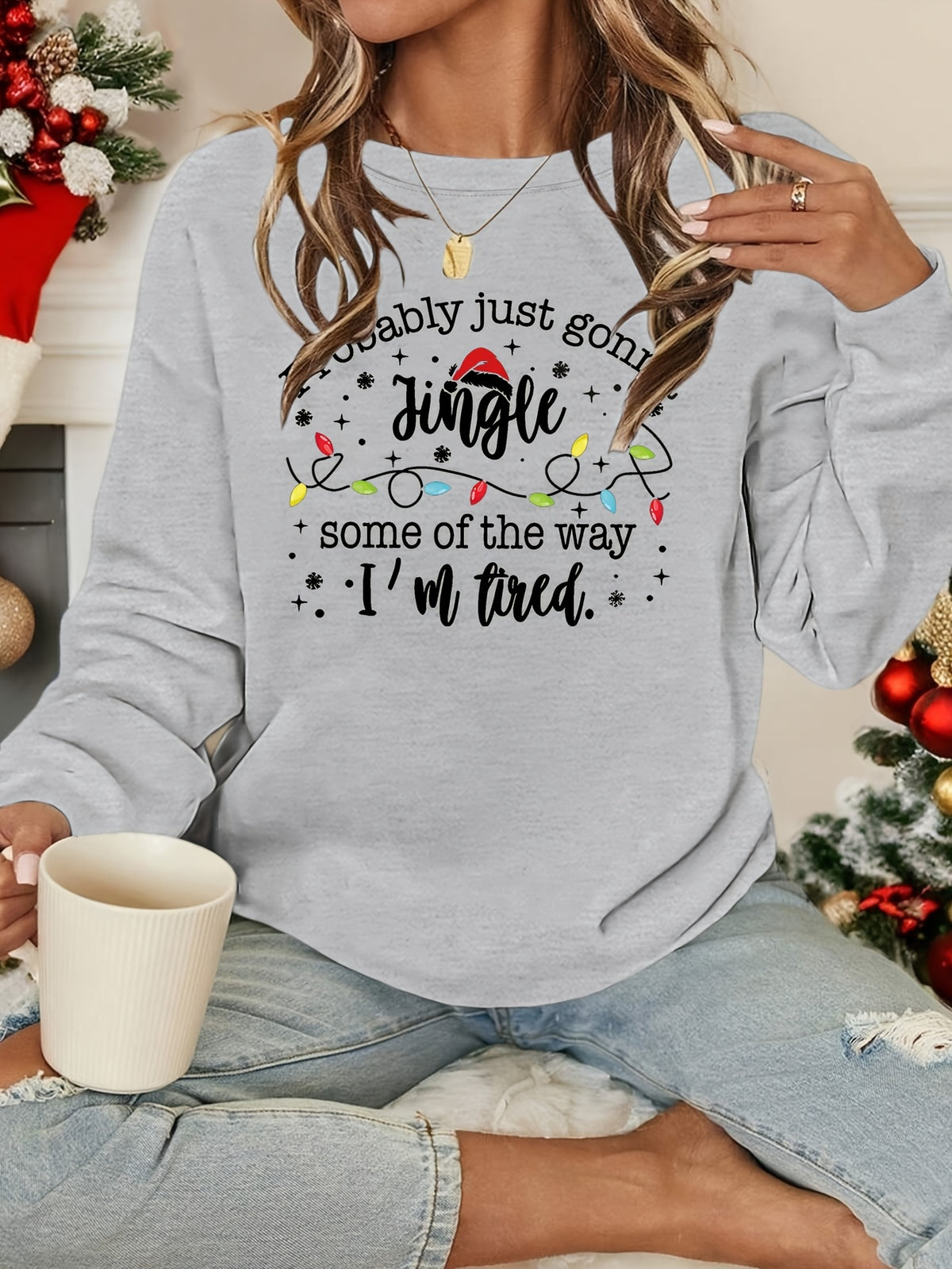 Funny Christmas Sweatshirt Jingle Tired Xmas Graphic Pullover Women Casual Holiday Sweater Light Grey Green