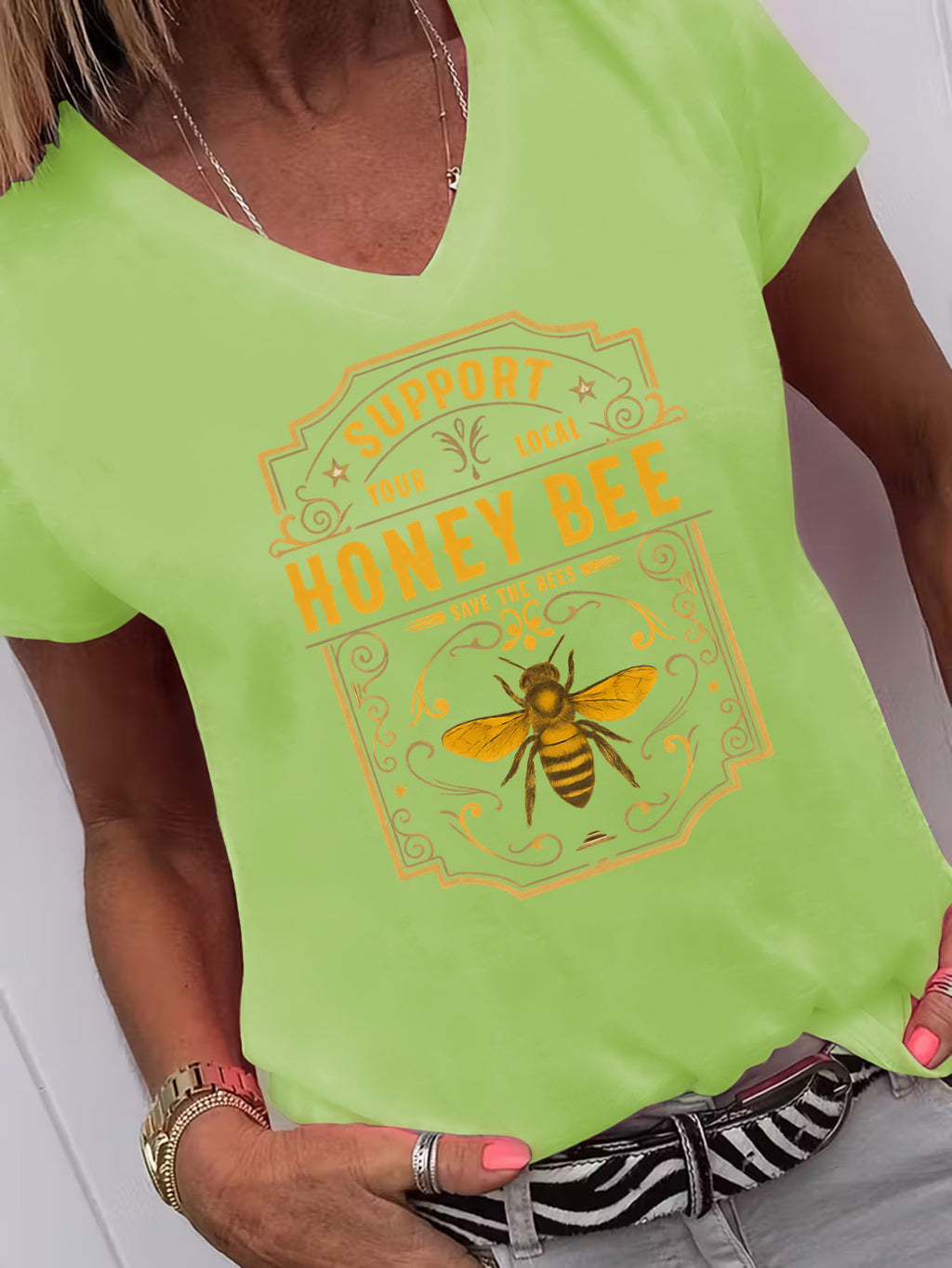 Women's Graphic V-Neck Tee Support Local Honey Bee Save The Bees Short Sleeve Top Loose Fit Casual T-Shirt Multi Color