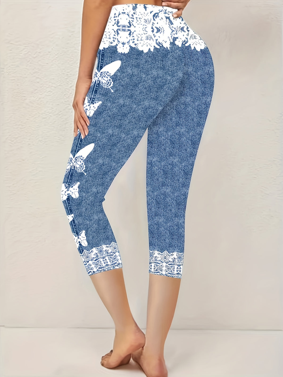 Printed Stretch Capri Leggings for Women – Peacock Blue Beach Style Fashion Seven-Eighths Pants, Stretchy Slim Fit Cropped Bottoms, Casual Summer, S-XXL