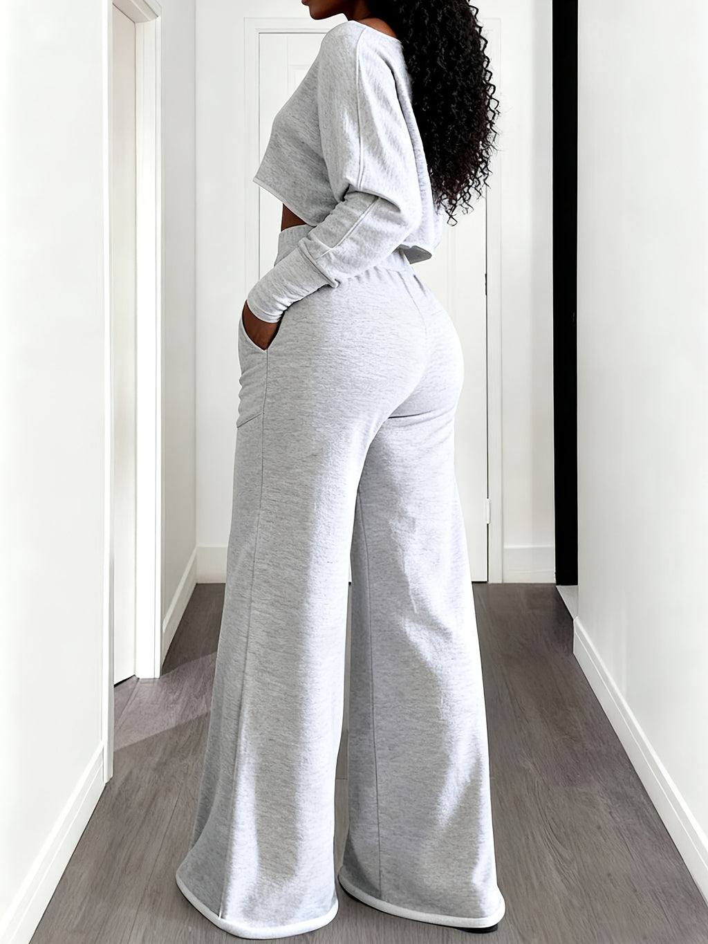 2pcs Lounge Set Women Cropped T-Shirt High Waist Sweatpants Drawstring Straight Leg Cozy Casual Fall Winter Matching Outfit