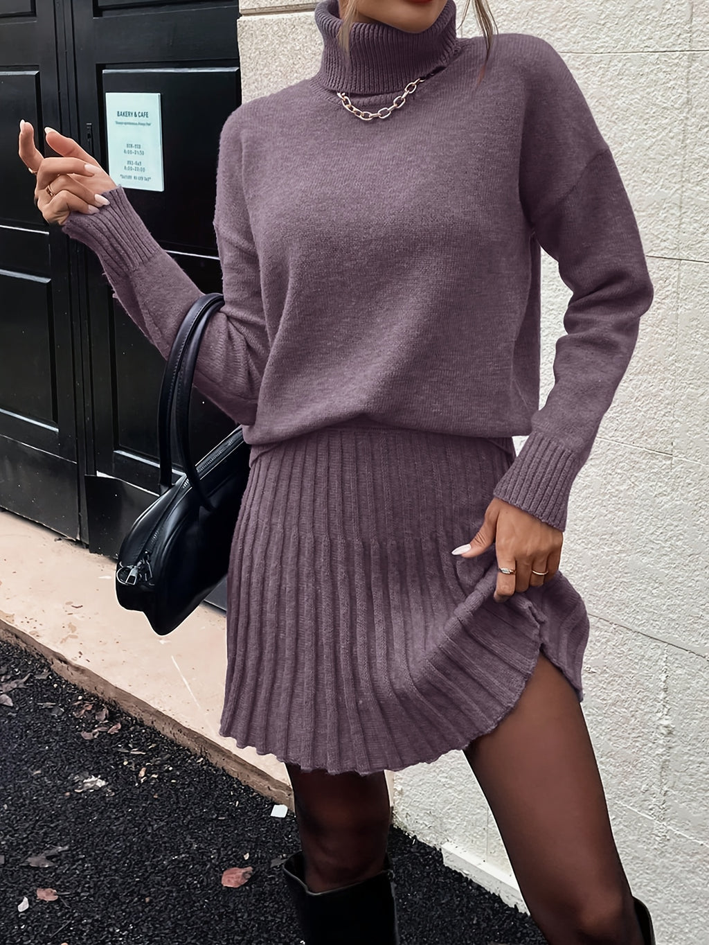High-Neck Sweater Pleated Skirt Two-Piece Set Women Elegant Drop Shoulder Long Sleeve | Chic Knit Top + Pleated Skirt Co-Ord for Fall Winter Office & Daily Wear