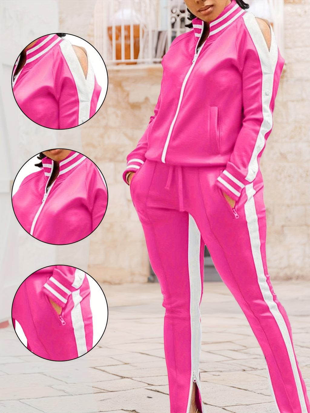 Color Block Off-Shoulder Tracksuit Set for Women – 2-Piece Zip Cuff Sweatshirt & Sweatpants Casual Matching Outfit, Lightweight Breathable Jogger Set